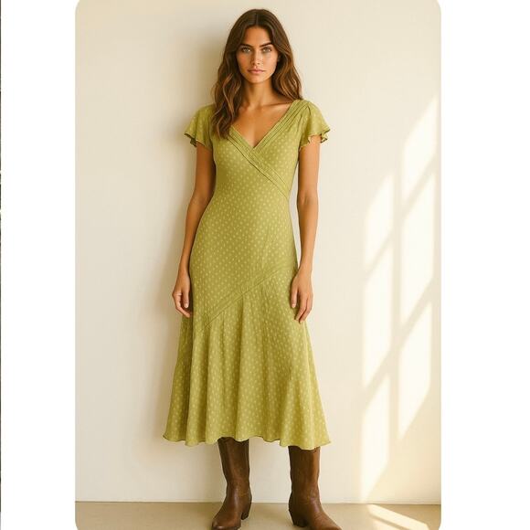 Adrianna Papell Y2K Green Polka Dot Silk Boho Romantic Feminine Midi Dress 12 - Picture 1 of 12